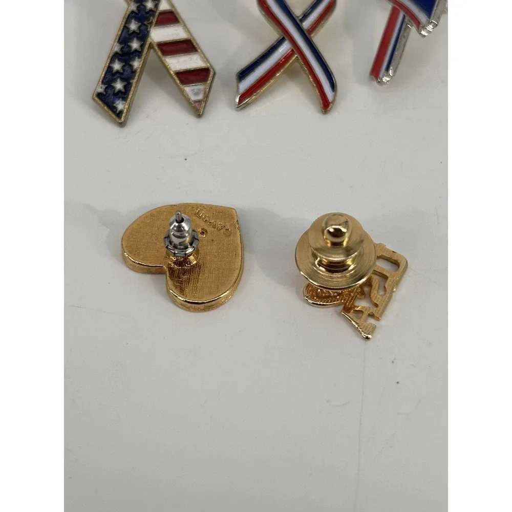 Vintage Patriotic Enamel Lapel Pin Lot Of 9 Pins American Flag Red White Blue
